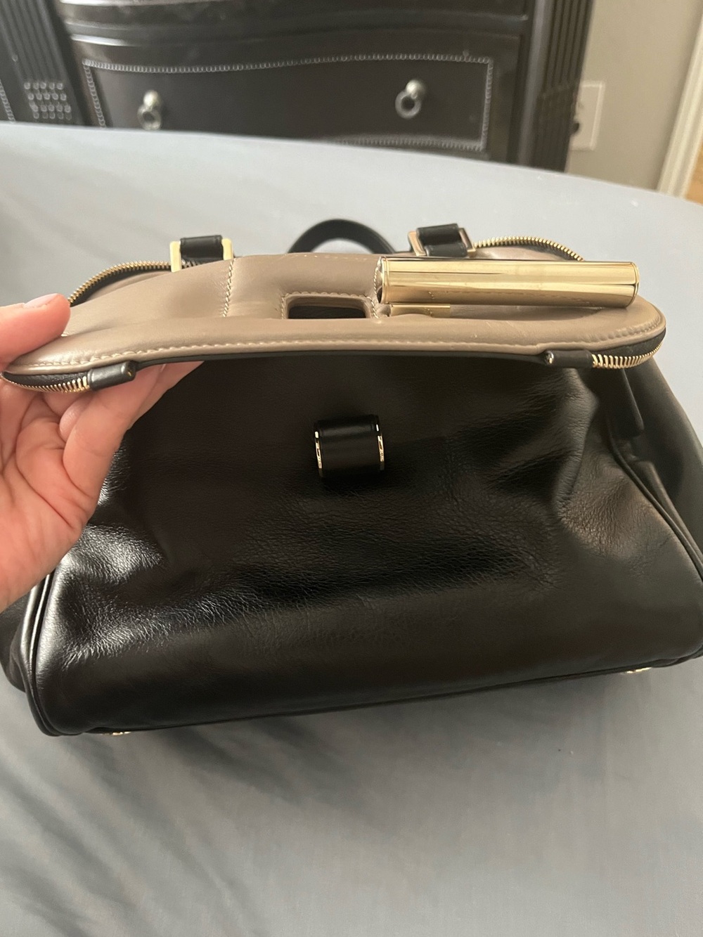 Two-Tone Black and Taupe Leather Satchel - Chic Women's Handbag - Picture 5 of 11